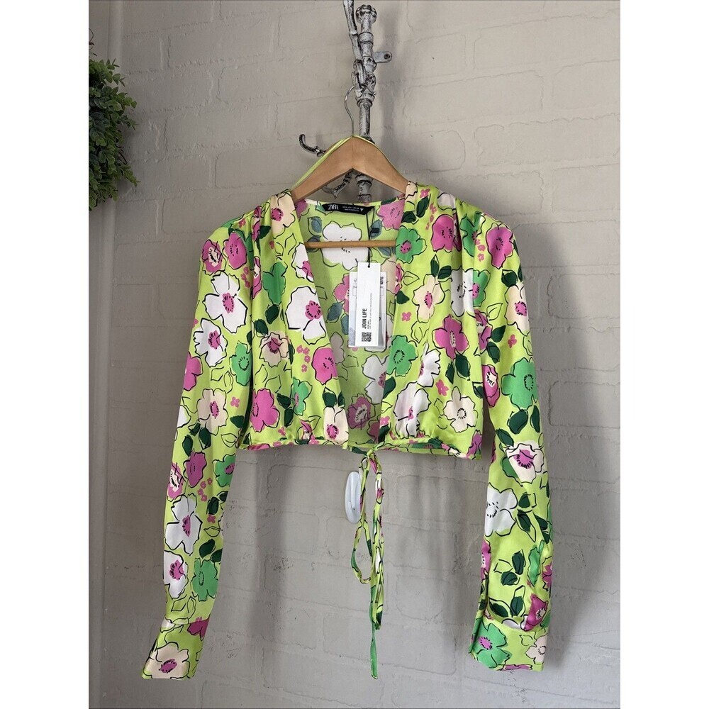 Zara Cropped Blouse Floral Colorful New Small Tie Front Long Sleeve Botanical